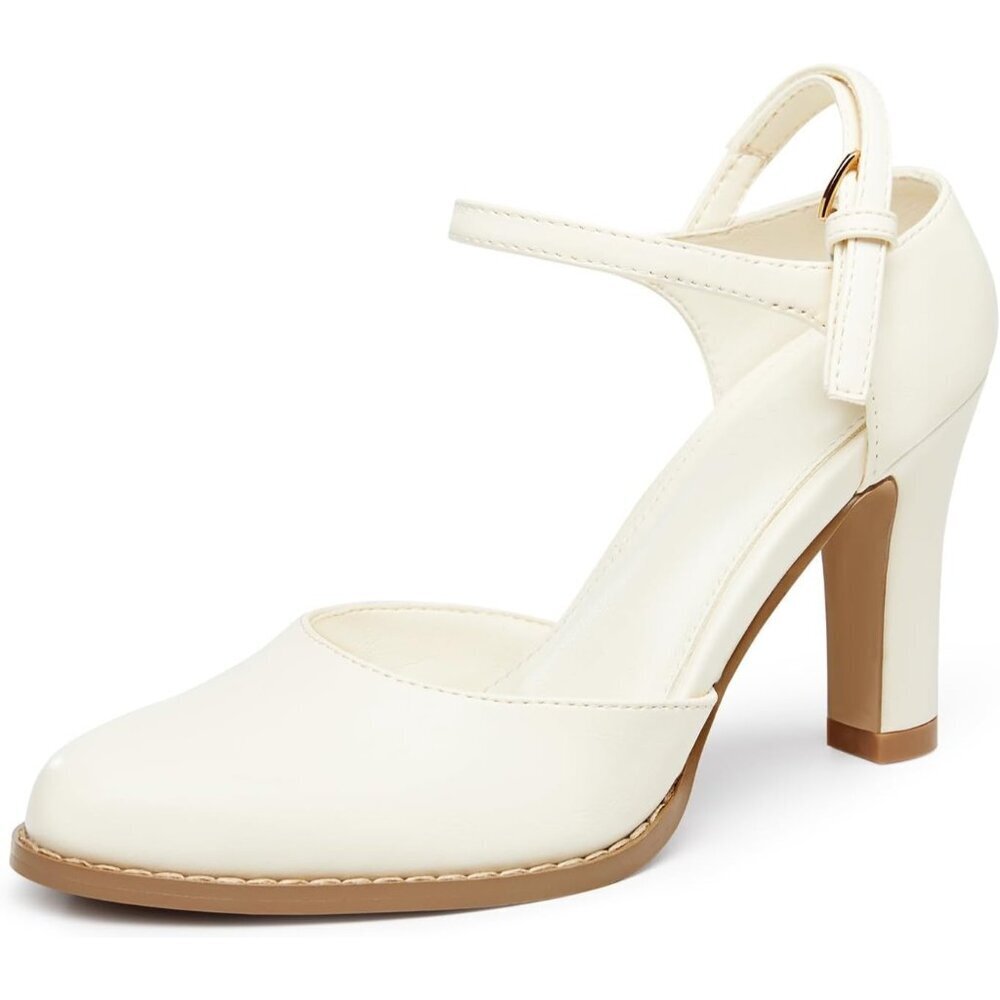 Women's Beige Chunky High Heels Closed Pointed Toe Ankle Strap Pumps Shoes